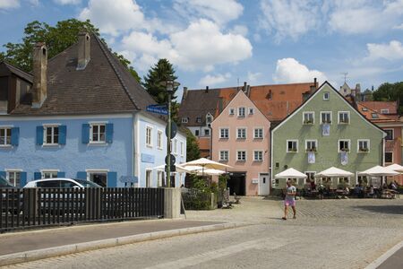 Landsberg am Lech, Germany - July 19, 2019; Colorful historic houses in Landsberg am Lech a touristic and historic town on the romantic roadのeditorial素材