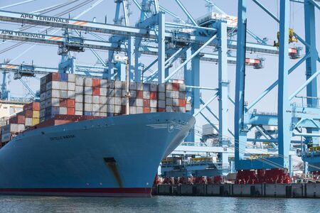 Rotterdam, The Netherlands - July 30, 3019: Estelle Maersk a danish container ship lying in the...