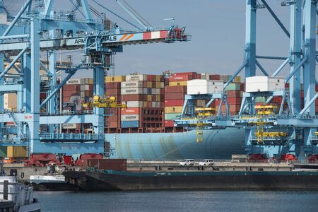 Rotterdam, The Netherlands - July 30, 3019: Estelle Maersk a danish container ship lying in the...