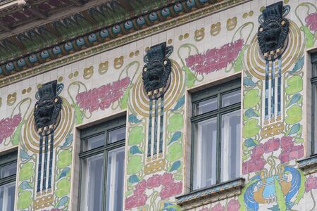 Vienna, Austria - June 6, 2019; Close-up of the flower pattern of the Majolikahaus an apartment building designed by Otto Wagner with rich floral ornamentation on the facade of the building in the Art Nouveau or Jugendstil styleのeditorial素材