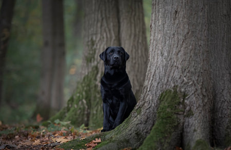 Pretty black labrador retriever hiding behind trees in a forest laneの写真素材