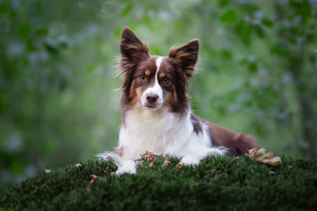 Cute miniature shepherd lying on moss with trees in the background looking at the cameraの写真素材
