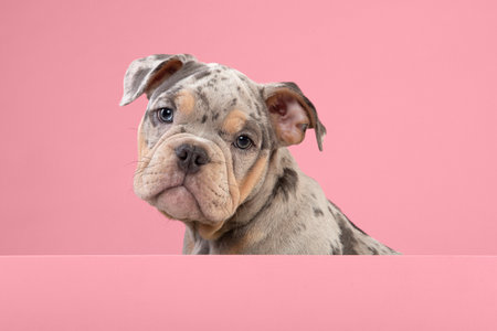 Portrait of a cute old english bulldog puppy looking at the camera on a pink background behind a pink board with space for copyの写真素材