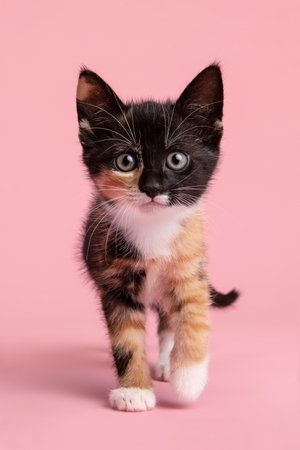 Cute female kitten walking towards and looking in the camera on a pink backgroundの写真素材