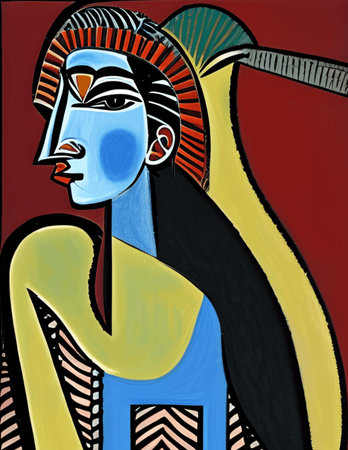 Illustration of an Egyptian woman with headdress on red background.の写真素材