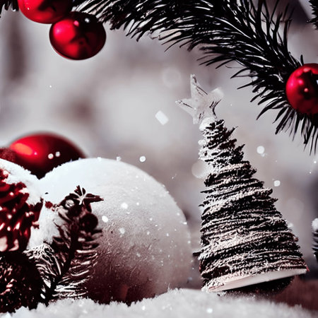Christmas tree with red and white baubles on a snowy backgroundの写真素材