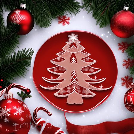 Christmas background with fir tree and christmas decorations. 3d illustration.の写真素材