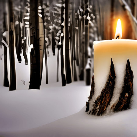 Burning candle in the winter forest. Snow background. 3D renderingの写真素材