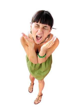 Portrait of screaming woman isolated on white backgroundの写真素材
