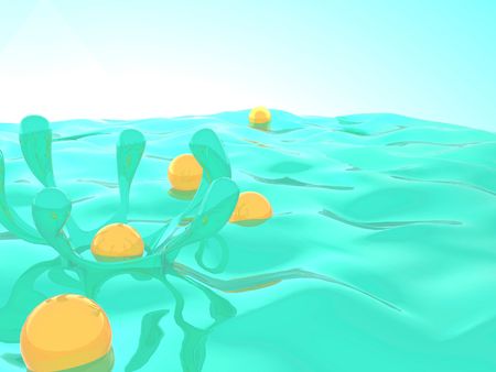 A illustration of 3d splash on water with yellow ballsの写真素材