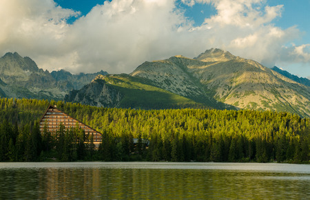 Mountain lake named Strbske Pleso in National Park High Tatra, Slovakiaの写真素材