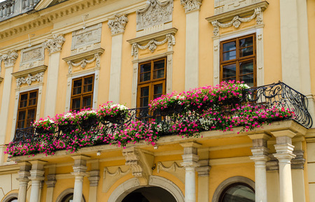 balcony with white and pink geranium on a historic building  in Kosice, Slovakiaの写真素材
