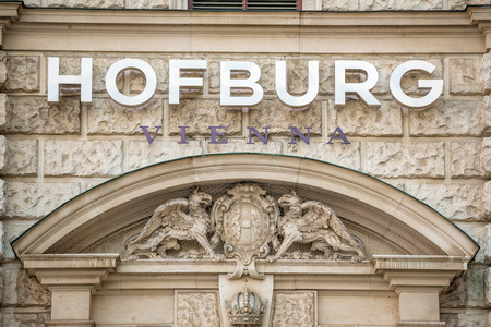 VIENNA, AUSTRIA - JULY 17, 2014  Welcome sign at the entrance to the Hofburg castle from Heldenplatz in Vienna, Austriaのeditorial素材