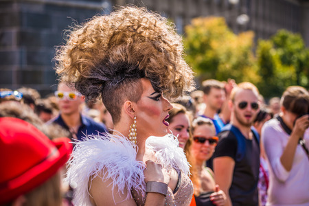 PRAGUE, CZECH REPUBLIC - AUGUST 16, 2014: Participant of the Prague Pride Parade, a festival of tolerance and against homophobia in Czech Republicのeditorial素材