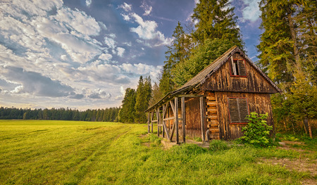 Discarded wooden cabin  in the wilderness. Hdr image.の写真素材