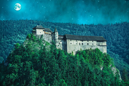 Scary castle in a forest at night with moonのeditorial素材