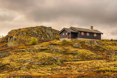 Cabin on a rocky hill in Hardangervidda National Park, Norwayのeditorial素材