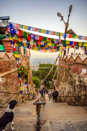 KATHMANDU, NEPAL - OCTOBER 19, 2015 : People coming to the Swayambhunath temple  early in the morning in Kathmandu, Nepalのeditorial素材