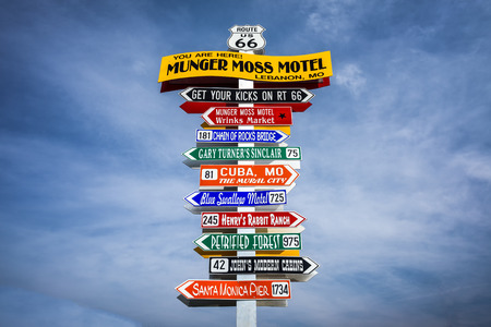 LEBANON, MISSOURI, USA - MAY 11, 2016 : Funny direction signpost at the Munger Moss Motel with names of famous attractions on route 66.のeditorial素材