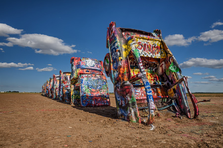 AMARILLO, TEXAS, USA - MAY 12, 2016 : Cadillac Ranch in Amarillo. Cadillac Ranch is a public  art installation of old car wrecks and a popular landmark on historic Route 66のeditorial素材