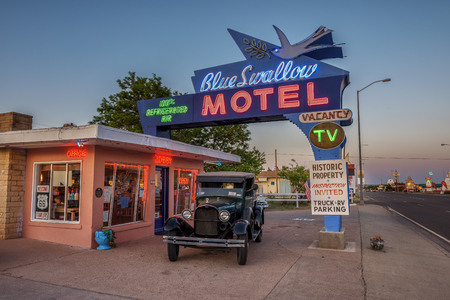 TUCUMCARI, NEW MEXICO, USA - MAY 13, 2016 : Historic Blue Swallow Motel at sunset This building is listed on the National Register of Historic Places in New Mexico as a part of historic U.S. Route 66.のeditorial素材