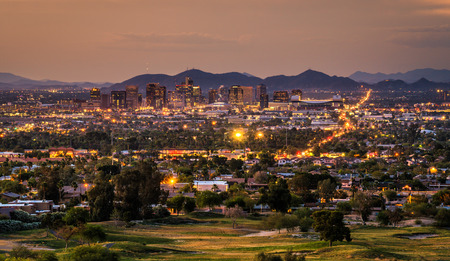 Aerial view of Phoenix Arizona skyline at sunsetの写真素材