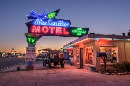 TUCUMCARI, NEW MEXICO, USA - MAY 13, 2016 : Historic Blue Swallow Motel at sunset This building is listed on the National Register of Historic Places in New Mexico as a part of historic U.S. Route 66.のeditorial素材