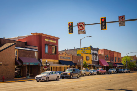 KALISPELL, MONTANA, USA - JULY 5, 2017 : Scenic street view with shops and restaurants in Kalispell. Kalispell is the gateway to Glacier National Park.のeditorial素材