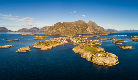 Henningsvaer fishing village on Lofoten islands from aboveの写真素材