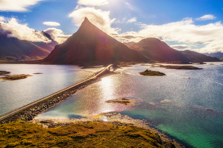 Aerial view of a scenic coastal road with a bridge on Lofoten islands in Norwayの写真素材