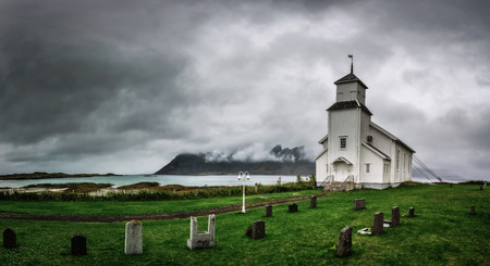 Gimsoy church on Lofoten Islands in Norwayの写真素材