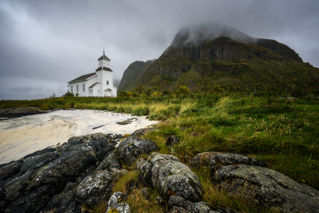 Gimsoy church on Lofoten Islands in Norwayの写真素材