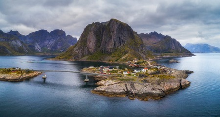 Aerial view of Hamnoy fishing village in Norwayの写真素材