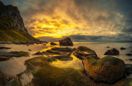 Uttakleiv beach in Norway at sunsetの写真素材