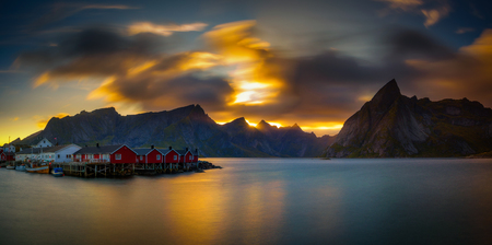 Sunset above mount Olstind and the village of Hamnoy in Norwayの写真素材