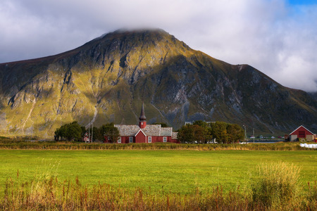 Flakstad church on Lofoten islands in Norwayの写真素材