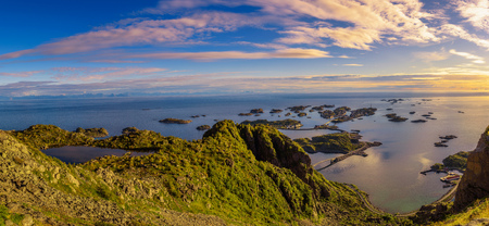 View from mount Festvagtinden above the village of Henningsvaer in Norwayの写真素材