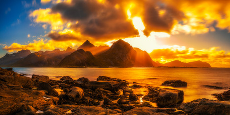 Sunset over the mountains of Lofoten islandsの写真素材