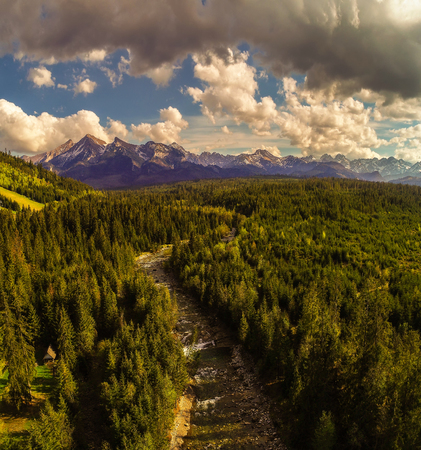 Aerial view of high tatra mountains and Bialka riverの写真素材