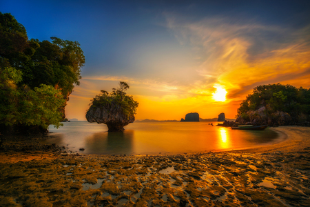 Sunset over Laopilae archipelago around Ko Hong island in Thailandの写真素材