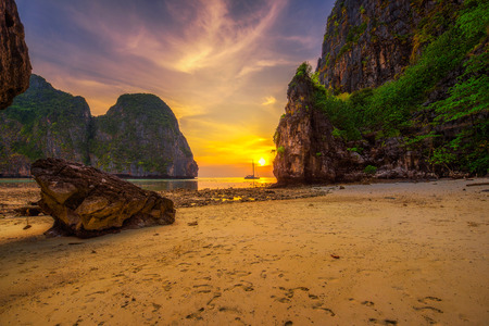 Sunset at the famous Maya beach on Koh Phi Phi island in the Krabi province, Thailandの写真素材