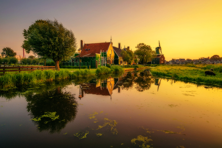 Sunset above the village of Zaanse Schans in the Netherlandsの写真素材