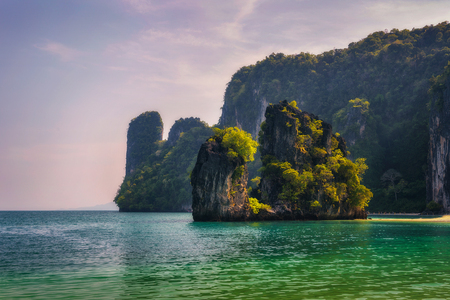 Coastline with huge cliffs on the Koh Hong island in Thailandの写真素材
