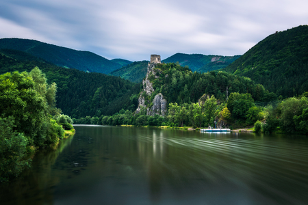 Ruins of the Strecno Castle and the Vah river in Slovakiaの写真素材
