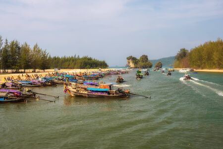 Long-tail boats parking at Ao Nang Port in Krabi Province, Thailandのeditorial素材