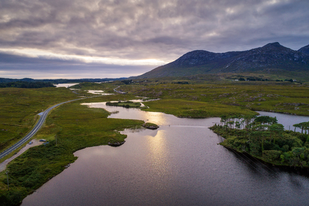 Aerial view of the Pine Trees Island in the Derryclare Lakeの写真素材