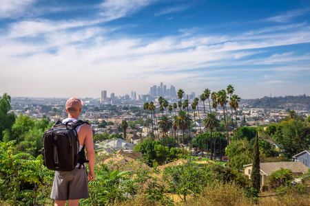 Tourist looking at the downtown panorama of Los Angelesの写真素材