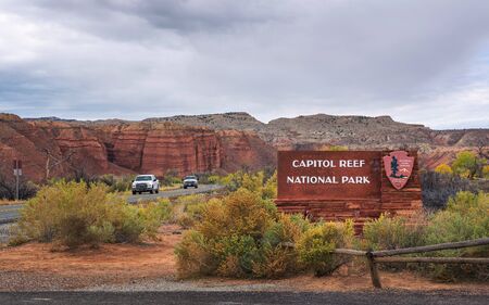 Entrance sign of Capitol Reef National park, Utahのeditorial素材