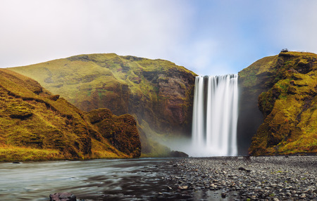 Skogafoss waterfall panorama in southern Icelandの写真素材