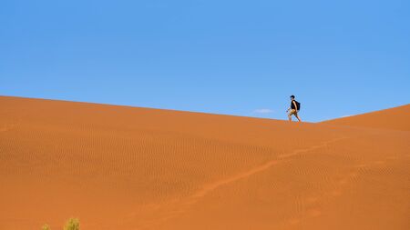 Tourist walks on the scenic dunes of Sossusvlei in the Namib desert, Namibiaの写真素材